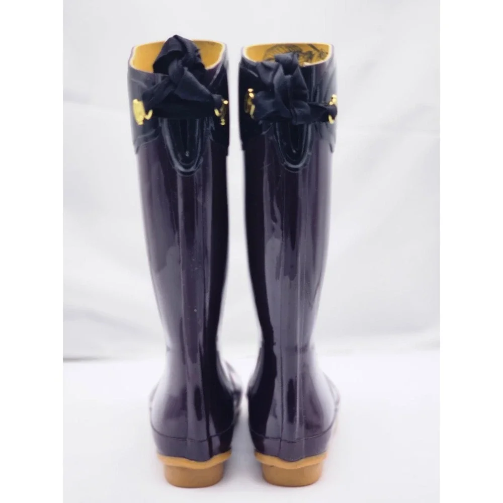 Joules Evedon Rain Boots Women Size 7 Purple Good Glossy Ribbon Back JOU300-01